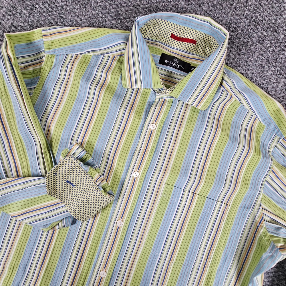 Bugatchi Uomo Mens XL Long Sleeve Button Down‎ Shirt Green Blue Striped Cotton